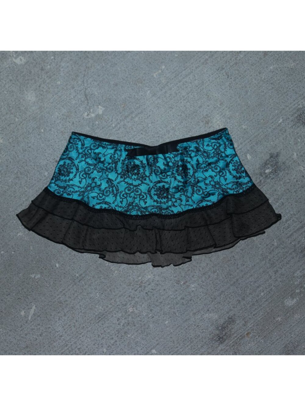 Cassimira Womens Floral Ruffle Mini Skirt Teal Black Lace Overlay Size S